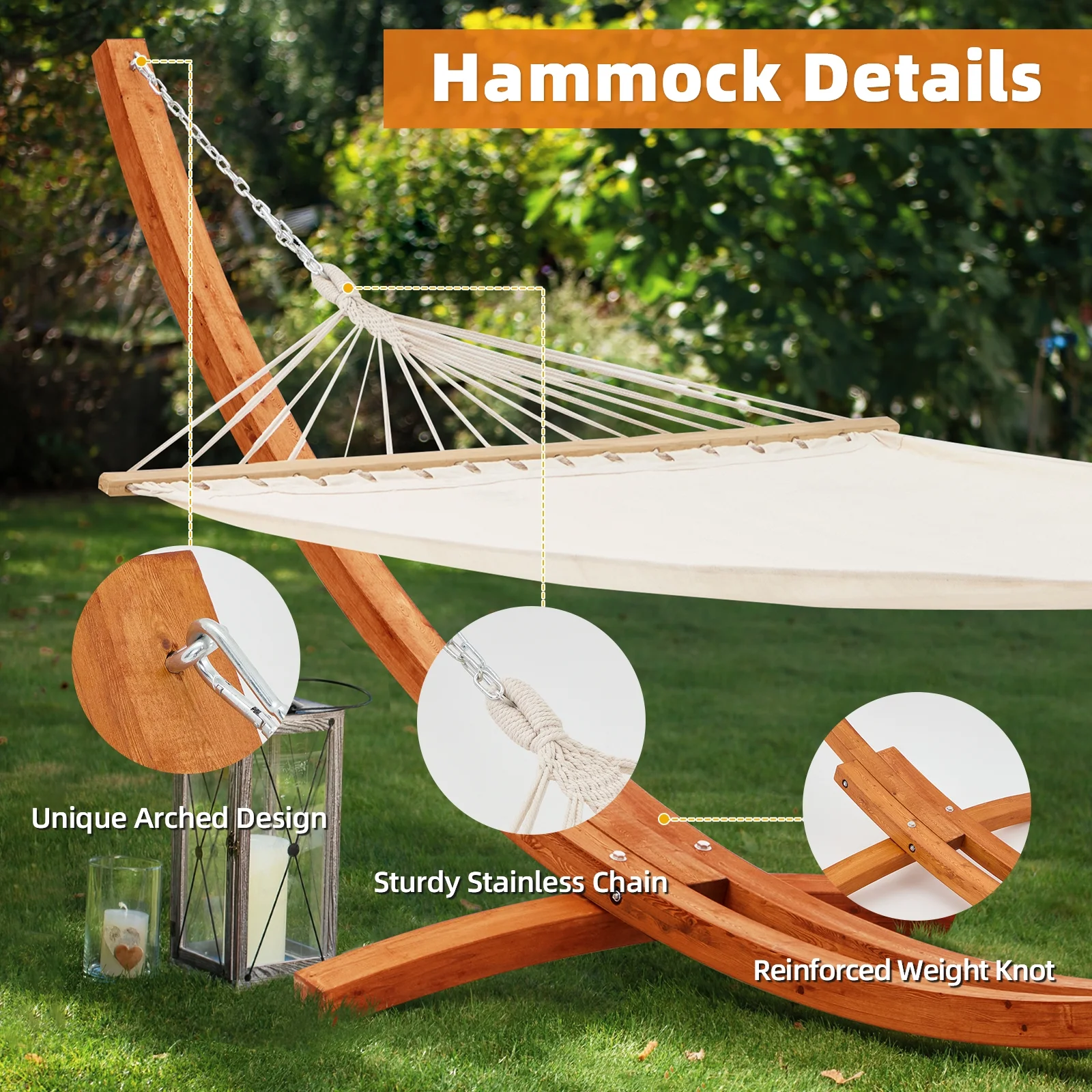 AVAWING 14FT Wooden Double Hammock with Stand 2 Person Heavy Duty, Easy Assemble, Weatherproof Premium Quilted Camping Hammock for Outdoor, Patio(White)