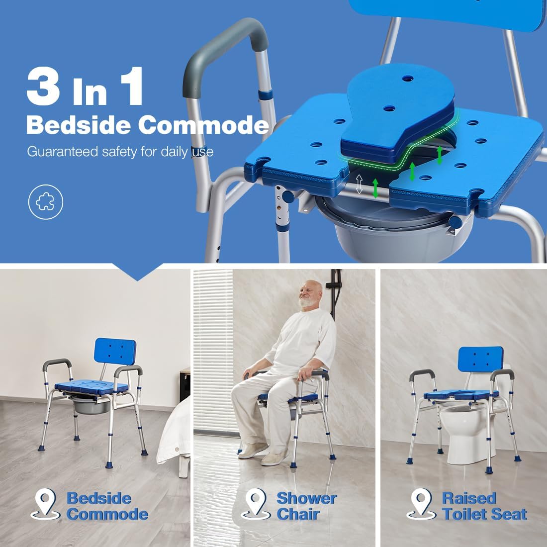 GreenChief 3 in 1 Bariatric Bedside Commode 700LBS, Heavy Duty Commode Chair with Extra Wide Seat Opening, Bedside Toilet Chair Potty Chair for Elderly and Disabled