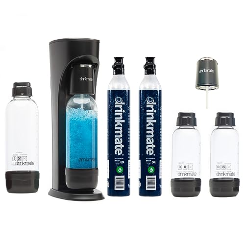 Drinkmate OmniFizz Sparkling Water and Soda Maker, Carbonates Any Drink, PARTY PACK - Includes two 60L CO2 Cylinders, three Carbonation Bottles, and two Fizz Infusers (Royal Red)