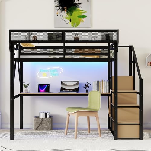 Full Size Loft Bed with Stairs and Storage, Metal Loft Bed Frame with Bedside Shelf and Large Under-Bed Space, Heavy-Duty Bed for Adults Teens and Kids, Black