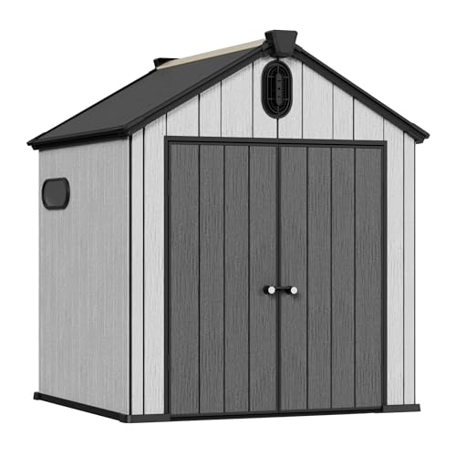 6x6 FT Outdoor Resin Storage Shed, Plastic Shed w/Air Vents & Window for All Weather Resistant, with Floor & Lockable Door, Waterproof for Bike, Garbage Cans, Tools