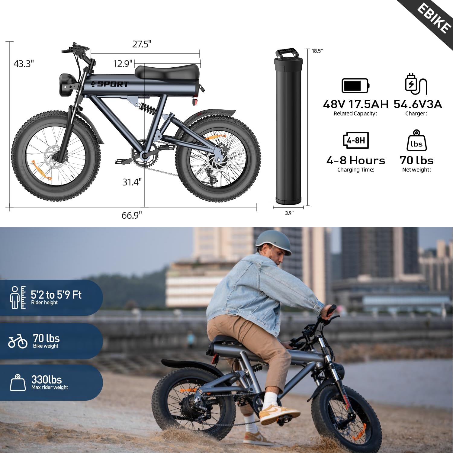AZHAR 750W Electric Bike for Adult, 20" Fat Tire Ebike Aluminum Frame, 30 Mph Max Speed, Electric Bicycle with 840Wh Removable Battery, Range 55 Miles, 7 Speed & Full Suspension (S18-GreyBlue)