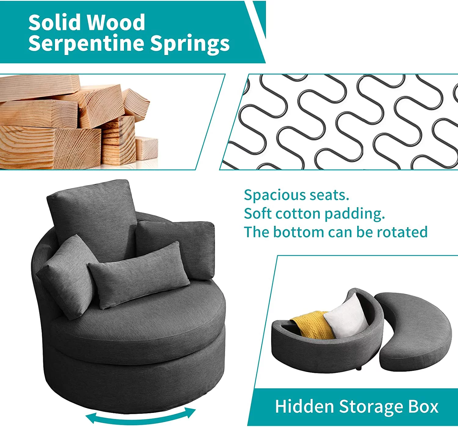 BALUS Modern Swivel Accent Barrel Sofa Chair, with Half Moon Storage Ottoman, Linen Fabric Leisure Round Chair,Sofa Lounge Chair with 3 Throw Pillow for Living Room Hotel/Club (Dark Grey)