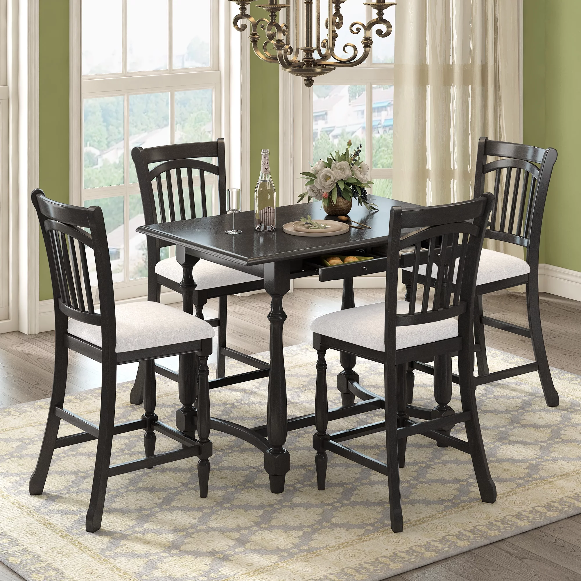 Churanty Farmhouse 5 Pieces Wood Counter Height Dining Table Set for 4,Kitchen Rectangle Table with Storage Drawers and 4 Upholstered Chairs, Espresso - Curated Treasures Market