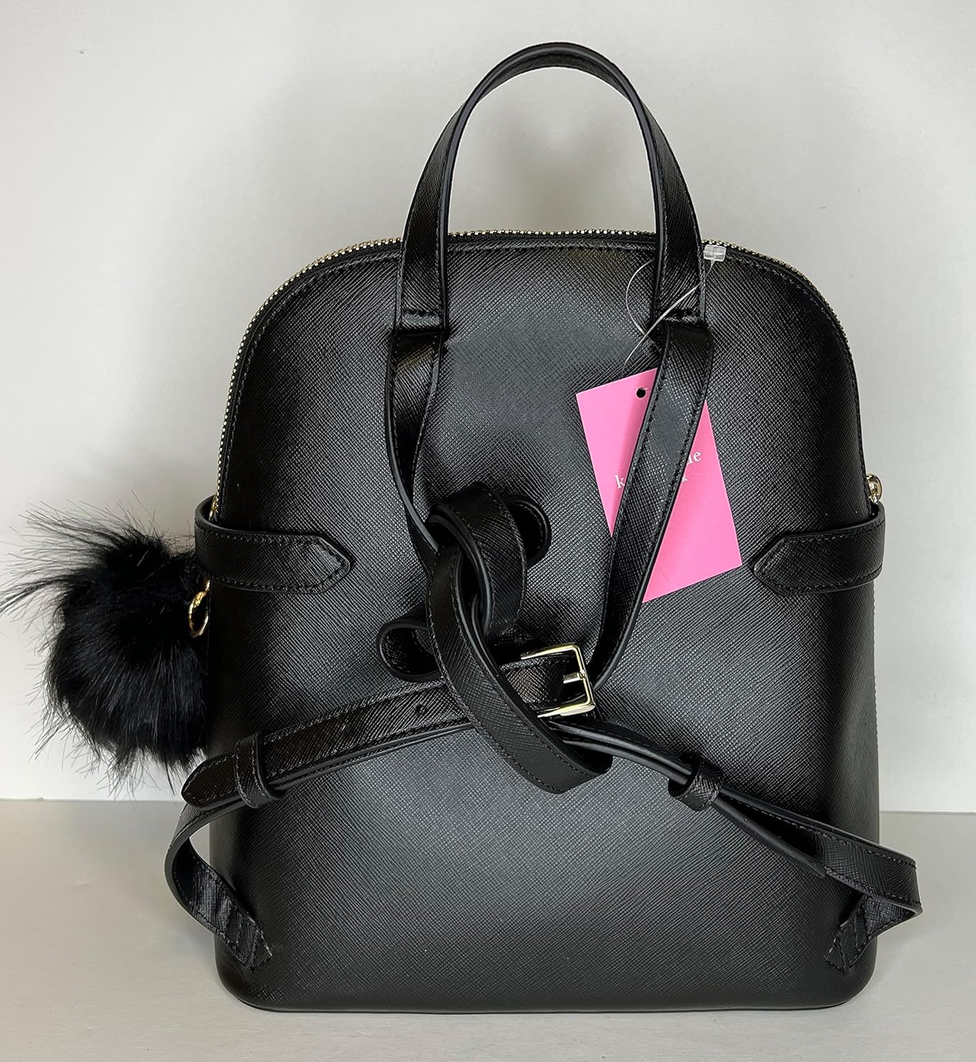 Kate Spade New York Staci Dome Backpack bundled with matching Staci Phone Wristlet and Fur Pom (Black)