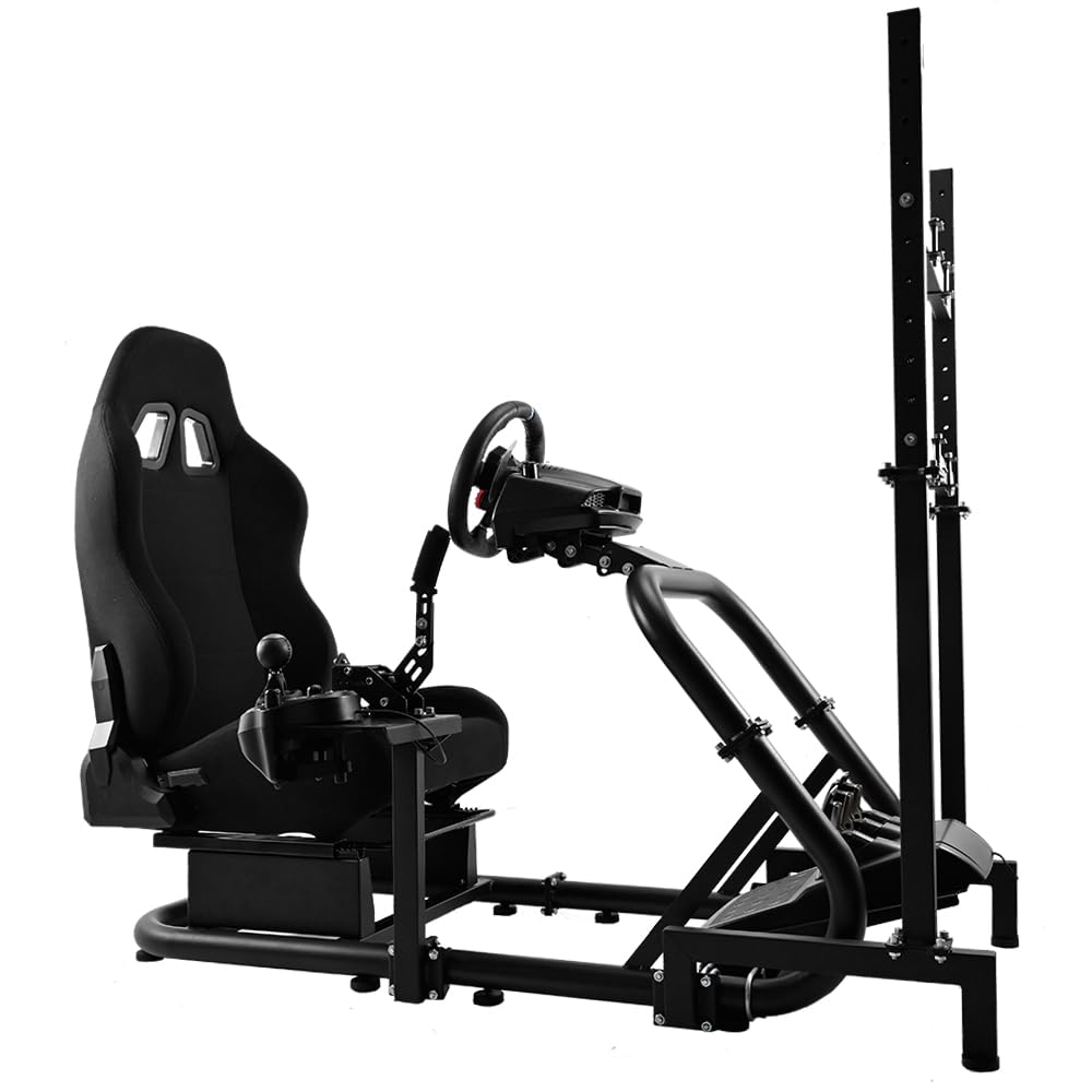 Supllueer G29 Racing Sim Cockpit with TV Stand & Seat Fit Logitech G923 G920 Fanatec Thrustmaster