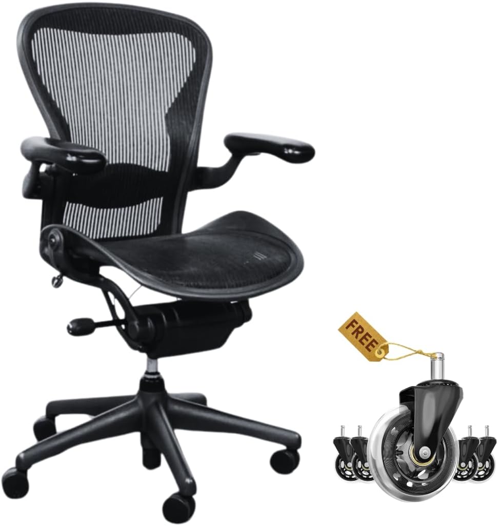Aeron Classic Herman Miller Office Chair Size B (Medium) - Black with Free Roller Blade Style Wheels | Fully Adjustable, Quick Assembly, (Renewed)