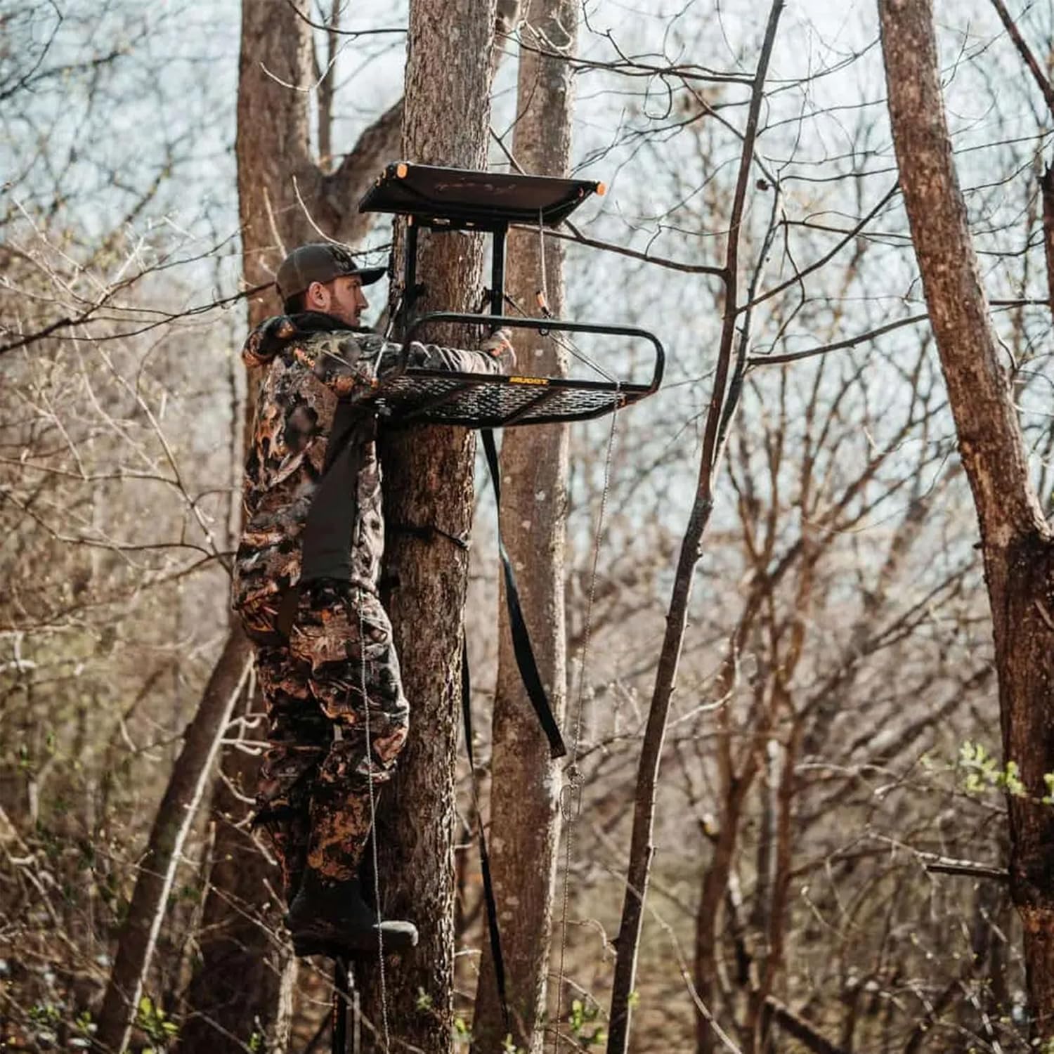Muddy The Boss XL Wide Stance Hang On 1 Person Hunting Tree Stand Platform with Silent Straps, FlexTek Seating, and Extra Wide Platform (2 Pack)