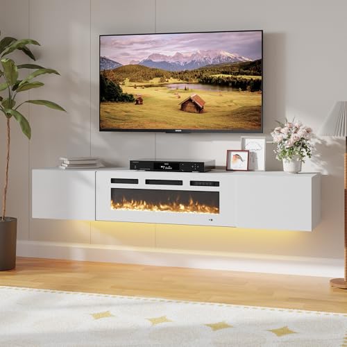 Aoxun Floating Fireplace TV Stand,70" TV Cabinet,Wall Mounted Entertainment Center with 36" Electric Fireplace,Modern LED Lights Media Console for TVs Up to 80" (Black TV Stand-White Fireplace)