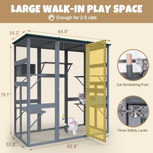 Catio Outdoor Cat Enclosure Large Walk in Cat Cage, Outdoor/Indoor Cat Catio for Multiple Cats with Waterproof Roof, 5 Platforms, 2 Resting Box, Cat Scratching Post, 71.2"L x 34.6"W x 66.5"H
