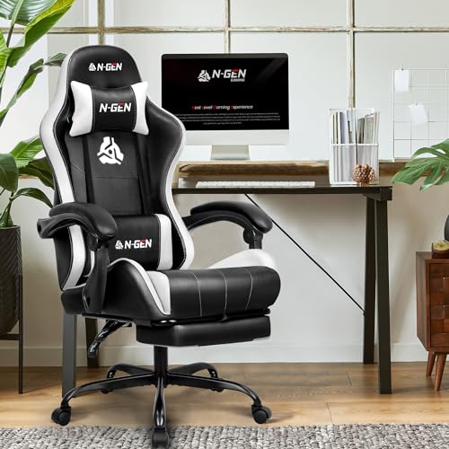 N-GEN Video Gaming Chair with Footrest High Back Ergonomic Comfortable Office Computer Desk with Lumbar Support Height Adjustable with PU Leather Recliner for Adults Women Men (Black)