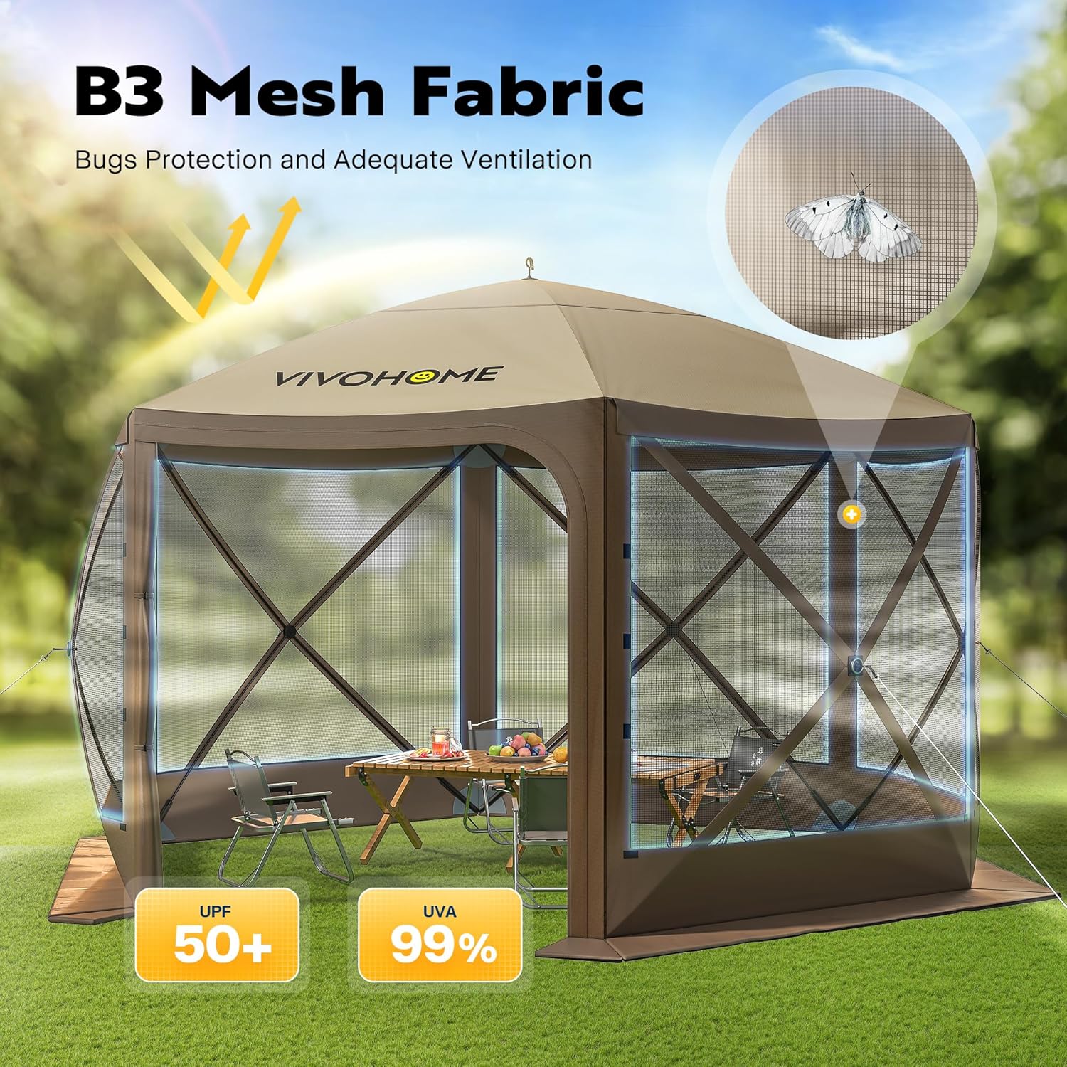 VIVOHOME 12x12ft Pop-Up Gazebo Screen Tent, 6-Sided Instant Outdoor Canopy Shelter with Large Main Door with VIVOHOME 10x10ft Easy Pop-Up Canopy, Outdoor Screen Tent with Mosquito Netting