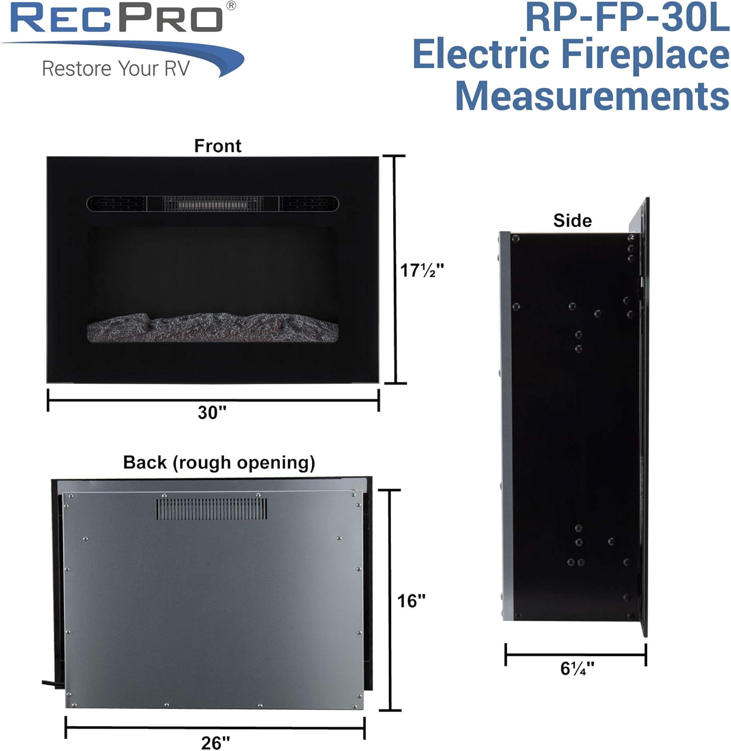 RecPro RV Fireplace 30" | Recessed Electric Fireplace | Glass with Log View | Includes Remote | Three Different Flame Color Options