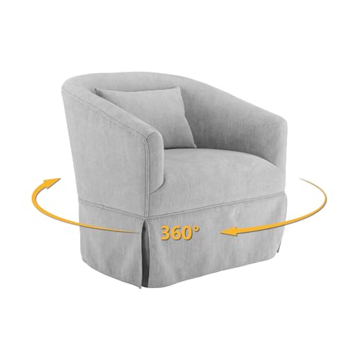 Swivel Accent Armchair, Upholstered 360 Degree Swivel Barrel Chair with Skirt, Modern Comfy Round Armchair with Metal Base & 1 Pillow for Living Room Bedroom Office, Blue