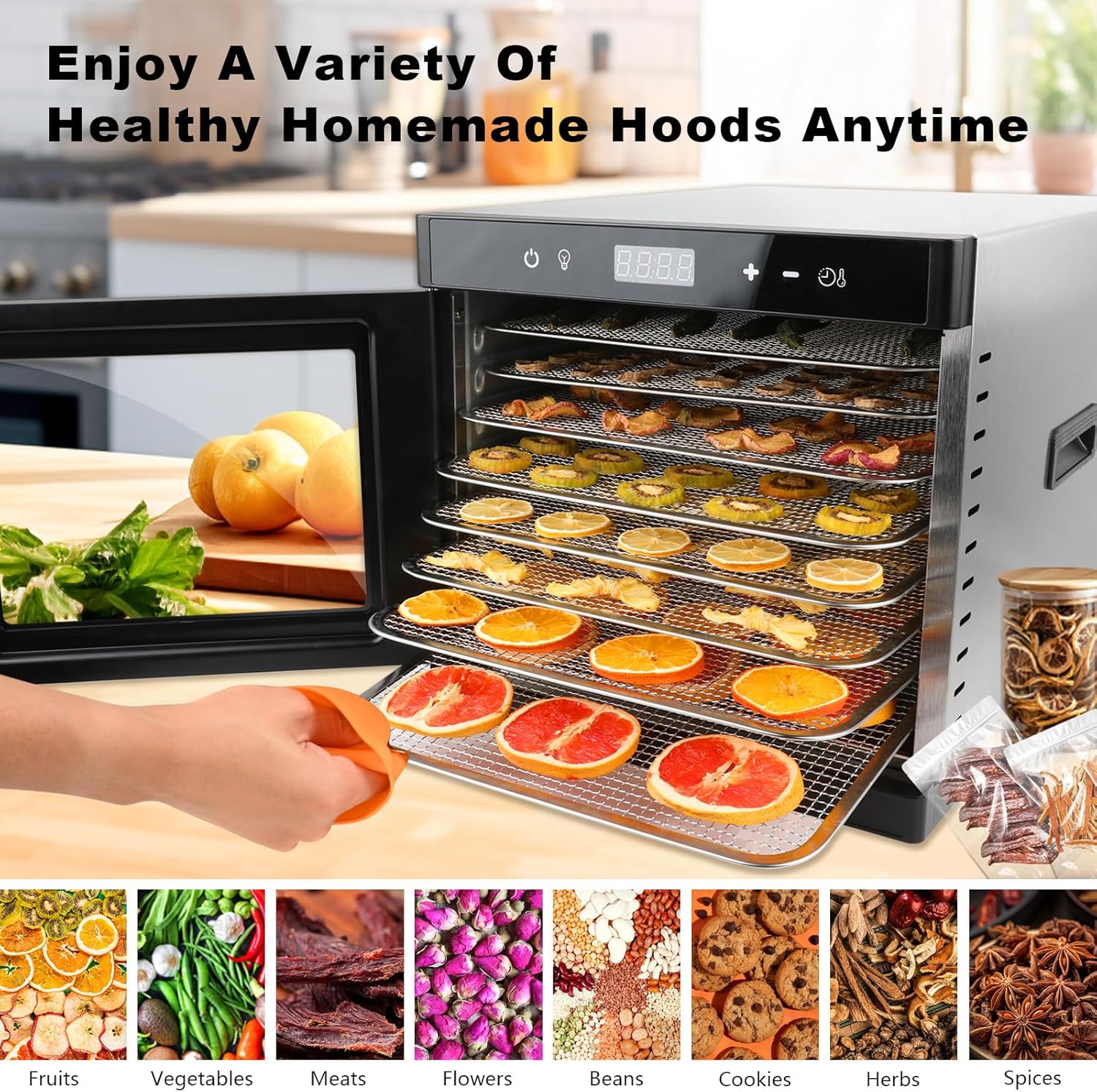 Food Dehydrator for Jerky, 8 Stainless Steel Trays Dehydrator Machine with Food Air-Drying Function, 167℉ Temperature Control & 48H Timer, 700W Fruit Dryer for Meat,Beef,Herbs,Dog Treats, ETL Approved