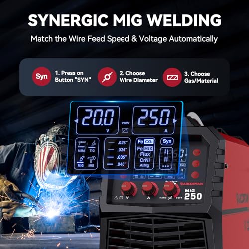 ARCCAPTAIN MIG Welder, 200Amp 6 in 1 Gas MIG/Gasless Flux Core MIG/Stick/Lift TIG/Spot welding/Spool Gun 110V/220V Aluminum Multi Process Welding Machine with LED Digital Display, Burn Back Adjustment