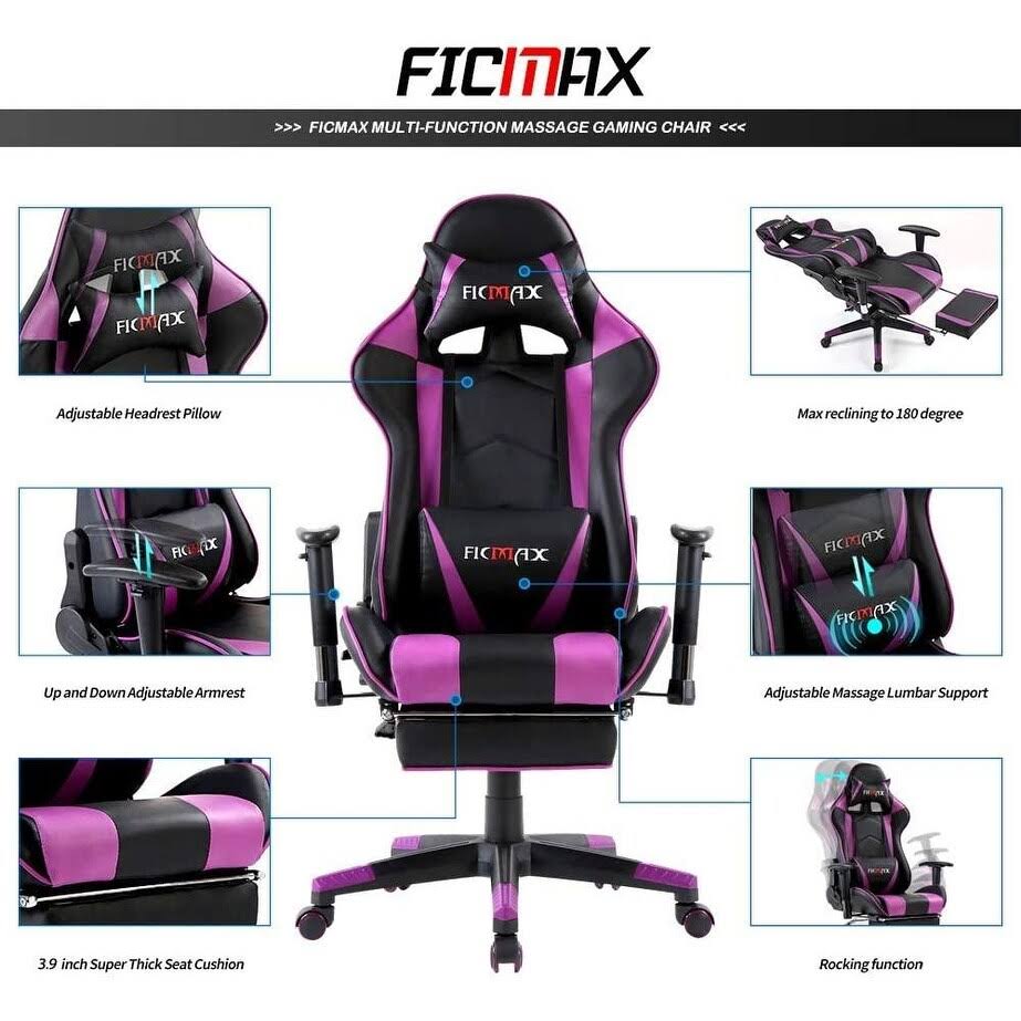 Ficmax Ergonomic Massage Gaming Chair with Footrest and Headrest (white/pink)