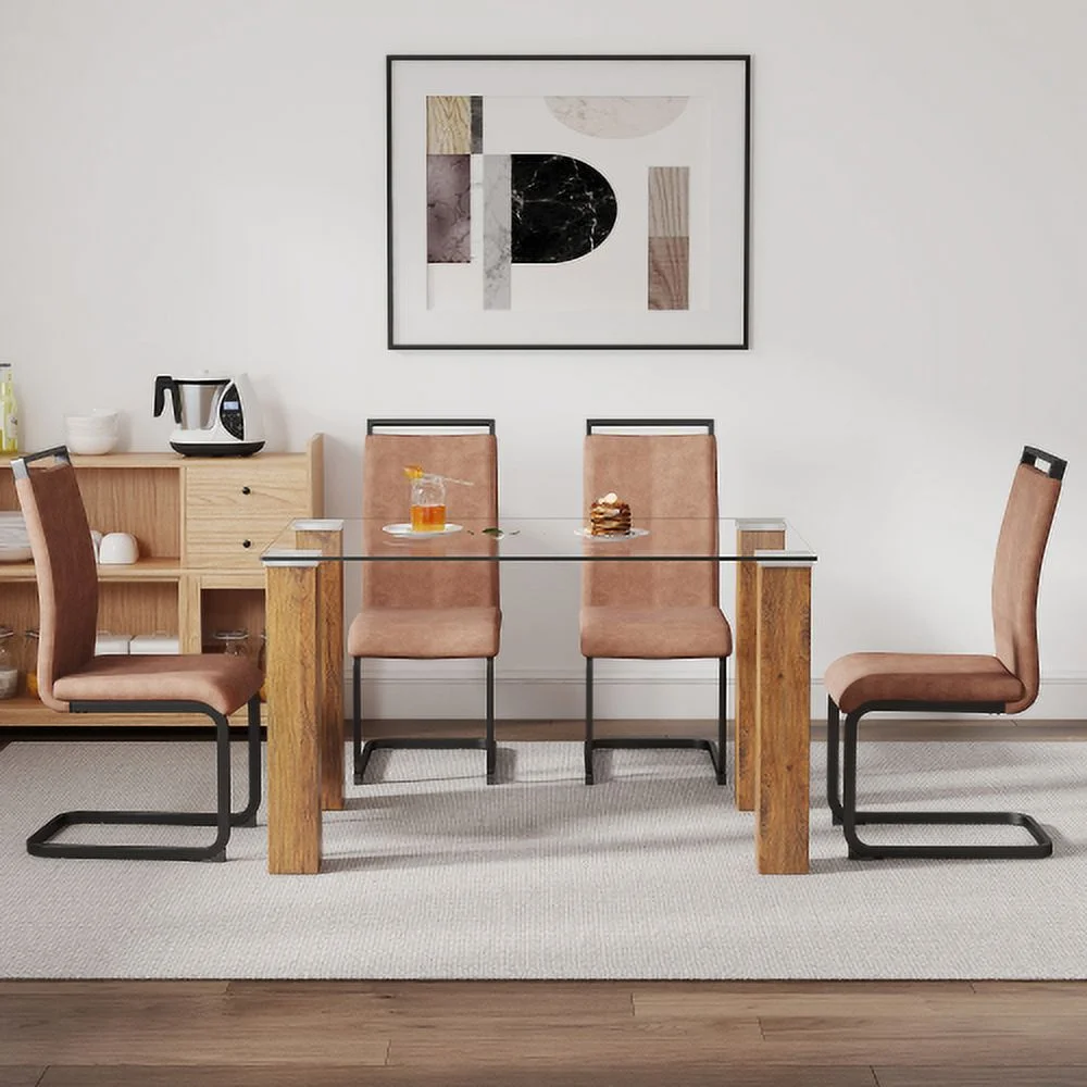 Table And Chair Set, 1 Table And 4 Chairs. A Modern And Minimalist Rectangular Dining Table. Glass Desktop And Wood Colar Mdf Table Legs. Paired With Brown Chairs