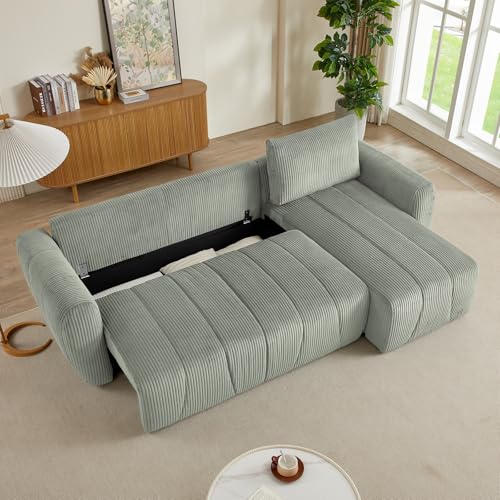 Modular Sectional Sleeper Sofa with Storage, Convertible 3 Seat L Shape Sectional Couch with Reversible Chaise, Modern Upholstered Corduroy Sleeper Couch with Pullout Bed for Living Room (Light Grey)