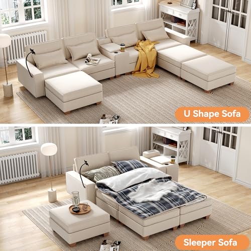 Modular Sectional Sofa, Convertible U Shaped Sofa Couch with Central Console & USB Ports, 7 Seat Modular Sectionals Couch with Chaise and Storage for Living Room, Light Grey
