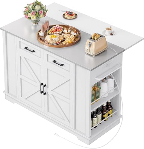 YITAHOME Kitchen Island with Stainless Steel Top & Drop Leaf, 47 Inch Kitchen Island on Wheels with Power Outlet, Rolling Portable Mobile Kitchen Cart w Storage Drawer Cabinet Counter Metal Top, White