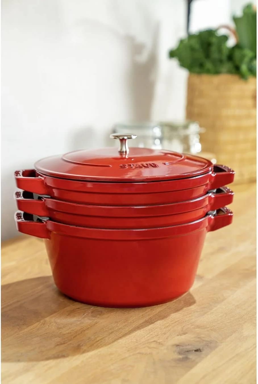 STAUB La Cocotte 3-Piece Round Cast Iron Saucepan Set Cherry Red