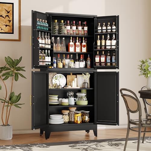 75.2" Tall Metal Pantry Cabinet, Storage Cabinets with 4 Door and 4 Adjustable Shelves, Black Kitchen Pantry Storage Cabinet, Freestanding Cupboard for Kitchen Dining Room Living Room Bathroom