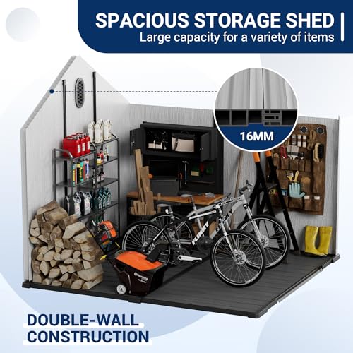 6x6 FT Outdoor Resin Storage Shed, Plastic Shed w/Air Vents & Window for All Weather Resistant, with Floor & Lockable Door, Waterproof for Bike, Garbage Cans, Tools