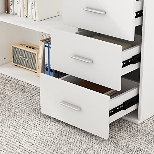 FAMAPY 55.1” L-Shaped Desk with Drawers and Shelves, Office Desk Corner Desk with Storage, Computer Desk Craft Desk for Home Office Bedroom White