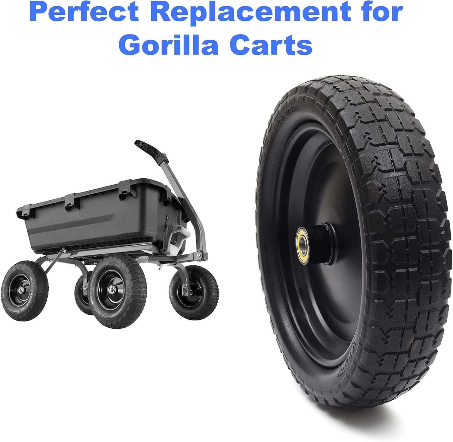 (4-Pack) 13‘’ Tire for Gorilla Cart - Solid Polyurethane Flat-Free Tire and Wheel Assemblies - 3.15” Wide Tires with 5/8 Axle Borehole and 2.1” Hub