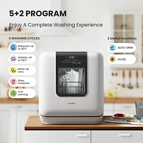 COMFEE' Portable Mini Dishwasher Countertop with 5L Built-in Water Tank for Apartments& RVs, No Hookup Needed, 6 Programs, 360° Dual Spray, 162℉ High-Temp& Air-Dry Function
