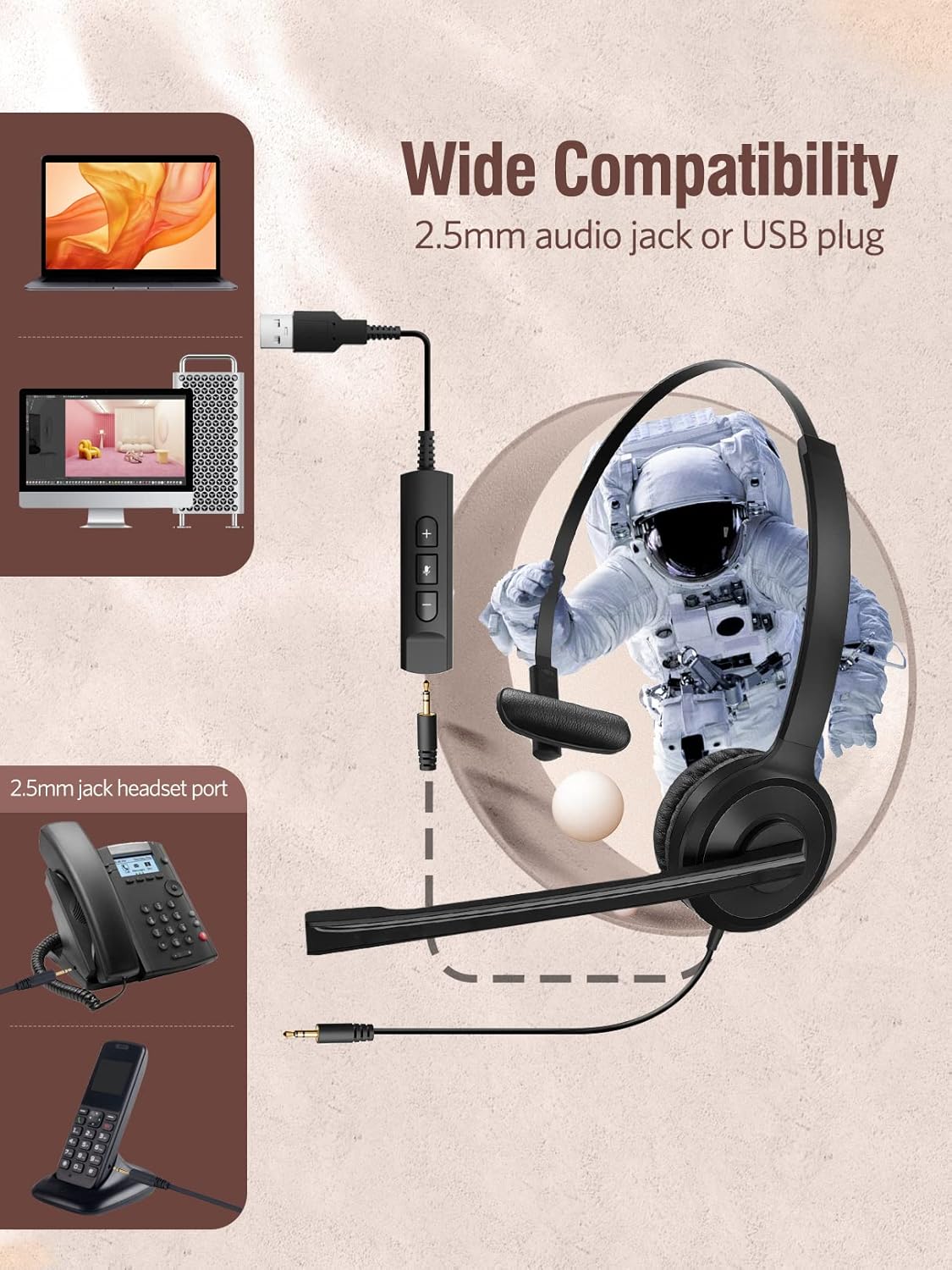 Phone Headsets with Microphone Noise Cancelling, Single-Sided USB Headset with Inline Volume Control & Mute, 2.5mm Telephone Headset for Polycom Panasonic AT&T Vtech Uniden Office Cordless Phones