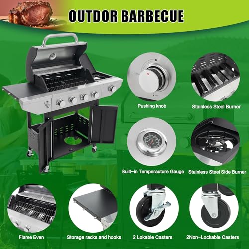 4 Burner Gas Grill with Side Burner, Stainless Steel Propane Grill 46700 BTU Output, Gas BBQ Grill Built in Thermometer, Cabinet Style, Ideal For Outdoor Patio Garden Picnic Backyard Cooking