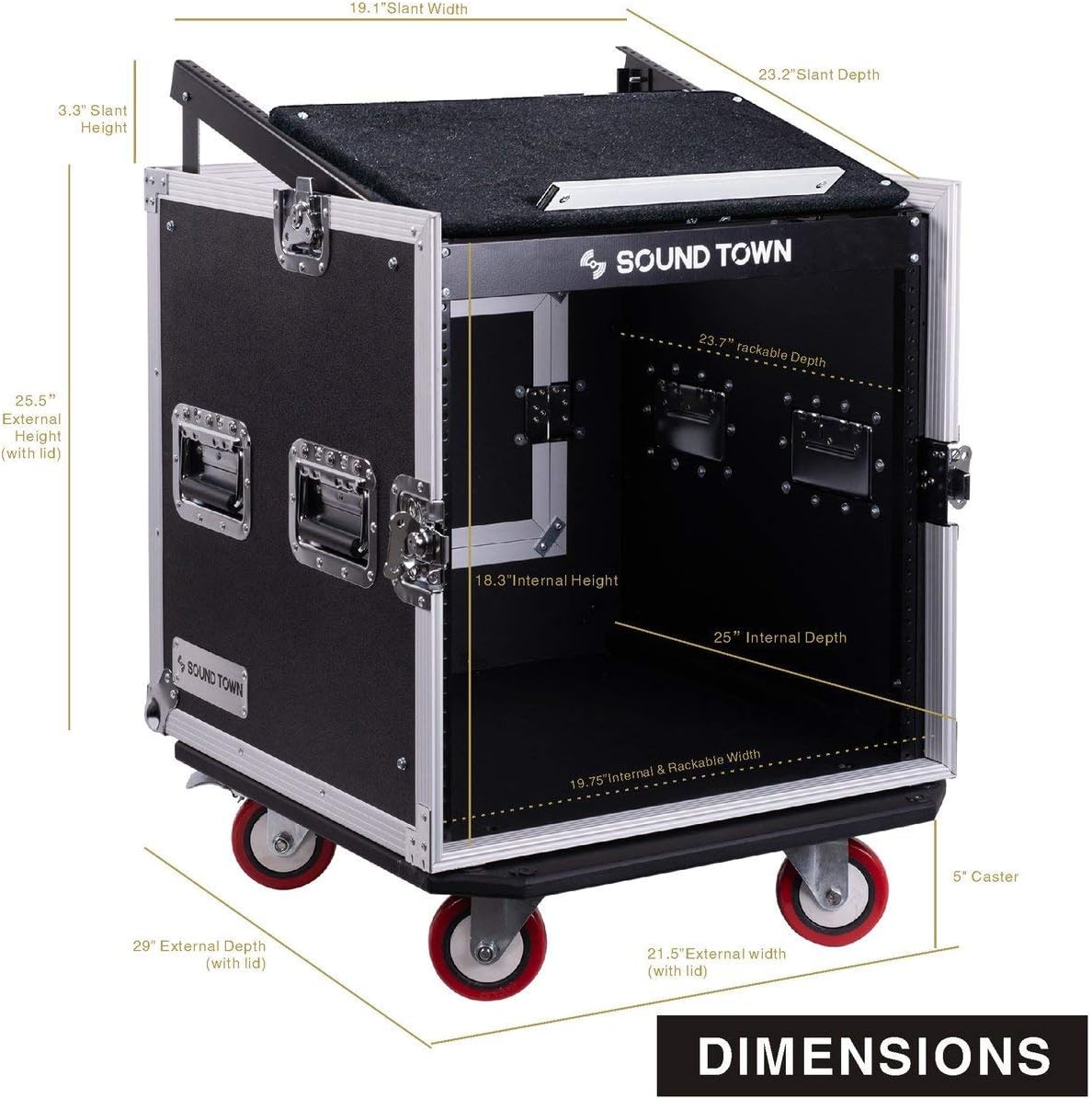 Sound Town 14U PA DJ Rack/Road ATA Case with 11U Slant Mixer Top, 20���� Rackable Depth, DJ Work Table and Casters, 14 Space Size, Pro Tour Grade (STMR-14UWT)