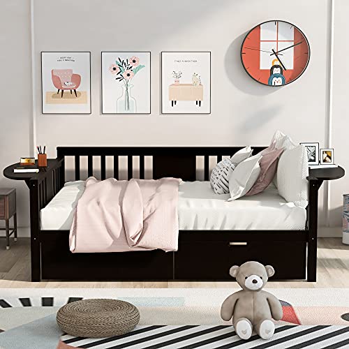 Twin Size Wooden Extendable Daybed with Trundle and 2 Storage Drawers, Platform Day bed with Wood Slat Support, for Bedroom, Living Room, No Spring Box Needed, Easy Assemble