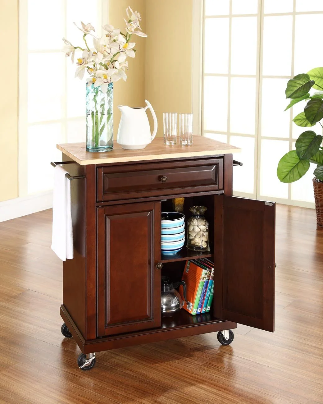 Compact Kitchen Island With Natural Wood Top, Mahogany