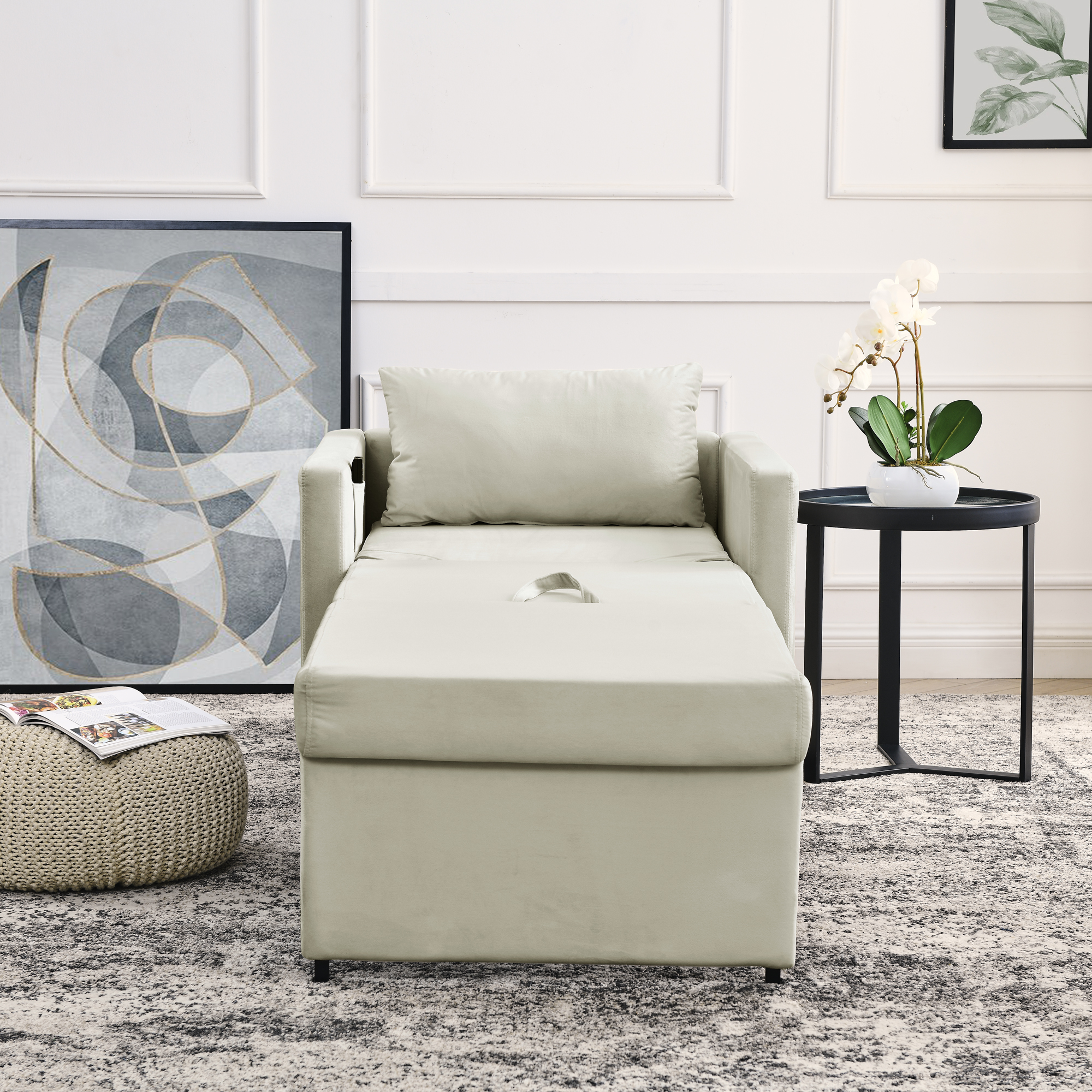 Sofa Bed Chair 2-in-1 Convertible Chair Bed, Lounger Sleeper Chair for Small Space with One Pillow, Beige Velvet