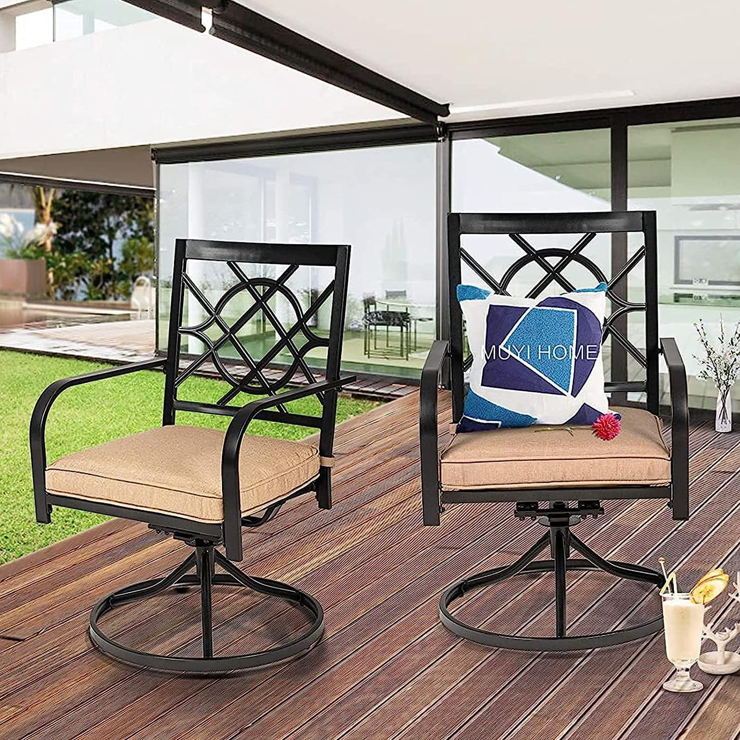 SUNCROWN 4 Pieces Outdoor Dining Set Metal Swivel Cushioned Wrought IronChairs Patio Furniture Sets for Backyard, Lawn, Garden, Black