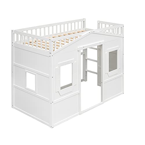 Full House Loft Bed Frame for Kids, Wood Full Loft Bed with Windows and Guardrail, Playhouse Bed, Full Size Loft Bed for Boys & Girls, No Box Spring Needed, Underbed Height is 51 Inches, White