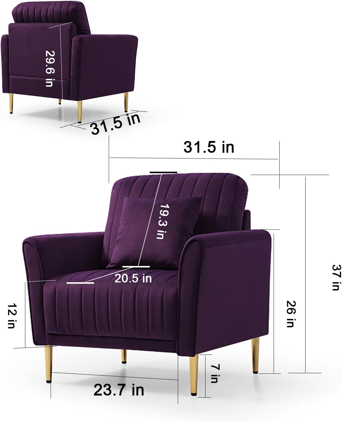 CHARMMA Modern Soft Velvet Accent Chair Living Room Chair Bedroom Chair Home Chair with Gold Legs, Purple