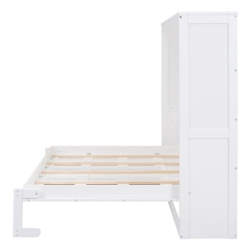 MERITLINE Queen Horizontal Murphy Bed Cabinet with Storage Bookcase Shelves and Charging Station,Wood Folding Grey Murphy Wall Bed for Adult