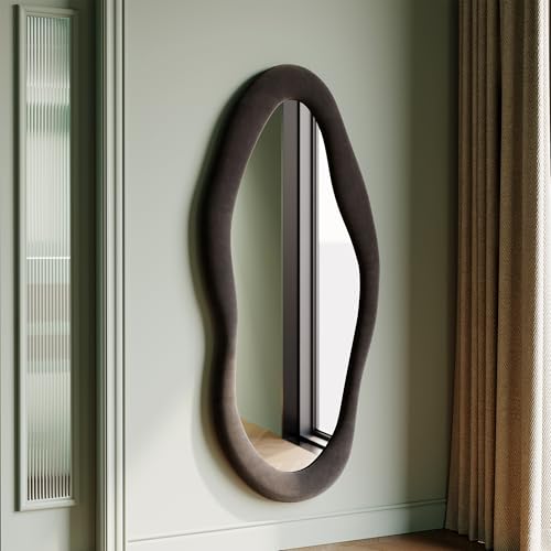 Honyee Full Length Mirror, 63" x 24" Wall Mirror, Flannel Wrapped Wooden Frame Floor Mirror, Irregular Wavy Mirror Hanging or Leaning Against Wall for Cloakroom/Bedroom/Living Room, Milk Tea