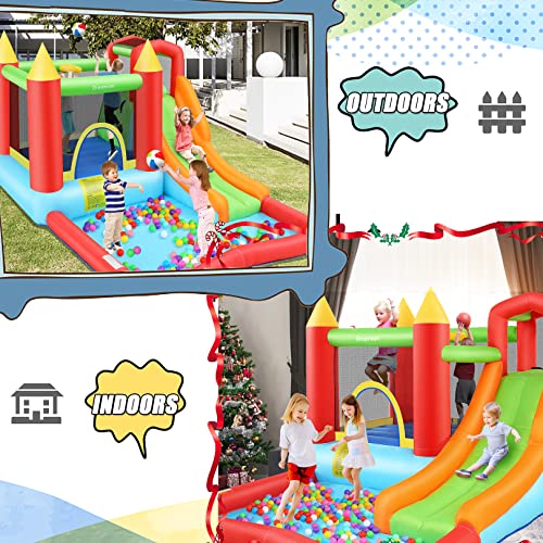 Bounce House with Ball Pit, Inflatable Bouncy House for Kids All in One Jumping Castle, Wide Slide, Ball Pool, Basketball Hoop, Dart Target, Blower Included for Indoor Outdoor Backyard Party
