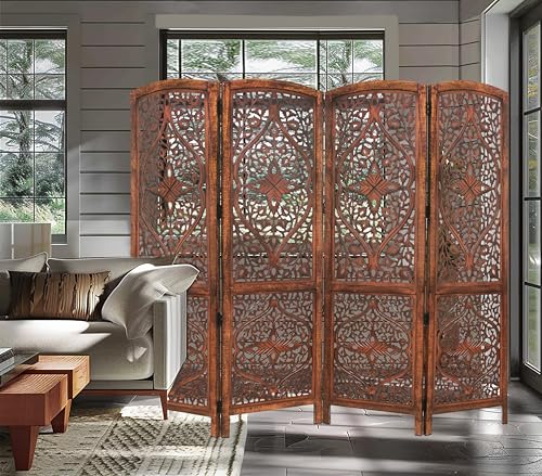 Room Divider Wood Screen - Ghanti Bells Antique Brown - 4 Panel Folding 72 x 80 - Assembled Hand Carved Decorative Functional Versatile Portable Partition Reversible Privacy Boho - COTTON CRAFT