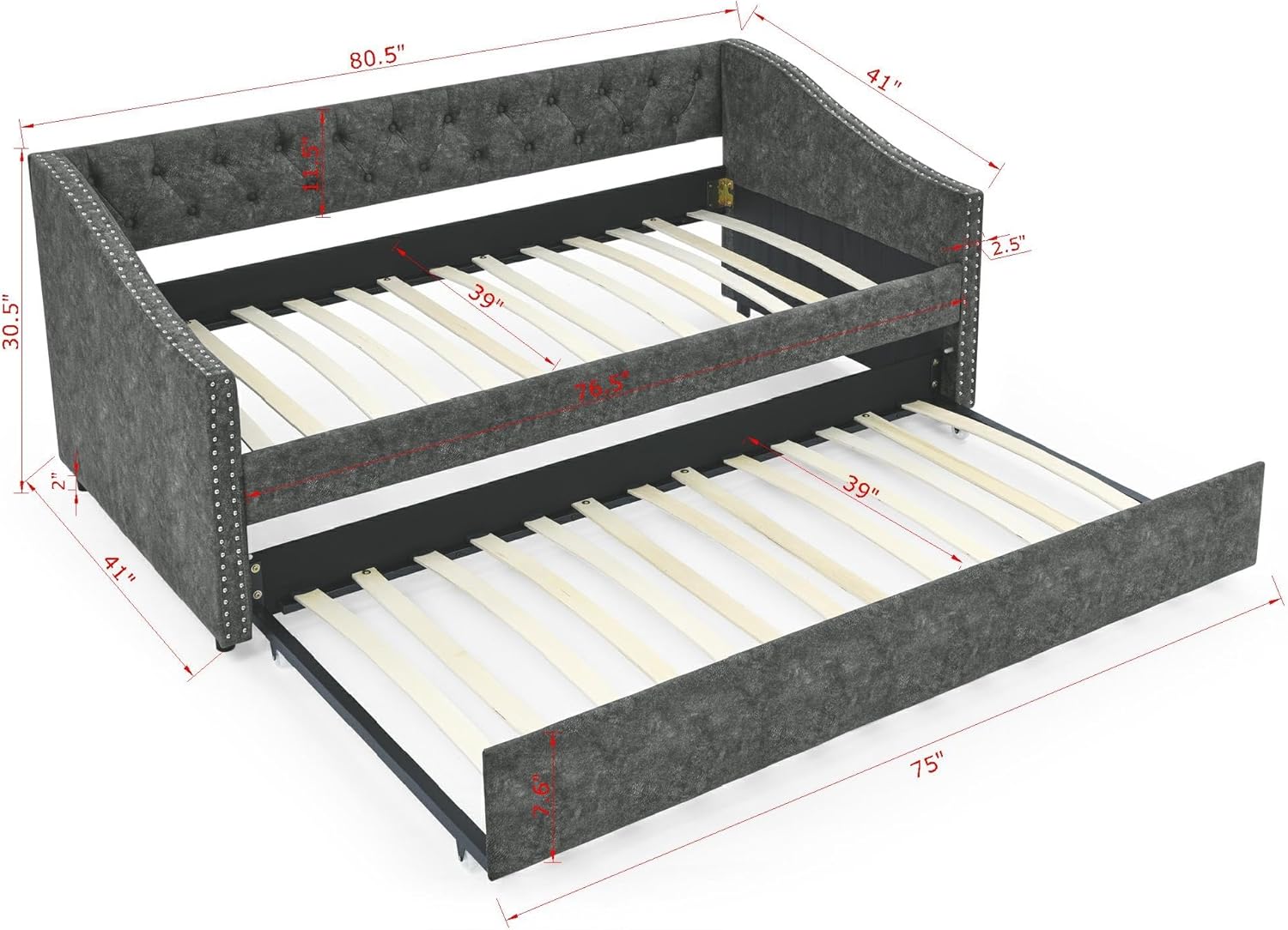 Twin Size Tufted Daybed with Twin-Size Trundle, Upholstered Sofa Bed, Wooden Couch with Button on Back and Copper Nail on Waved Shape Arms, for Bedroom, Living Room, Gray