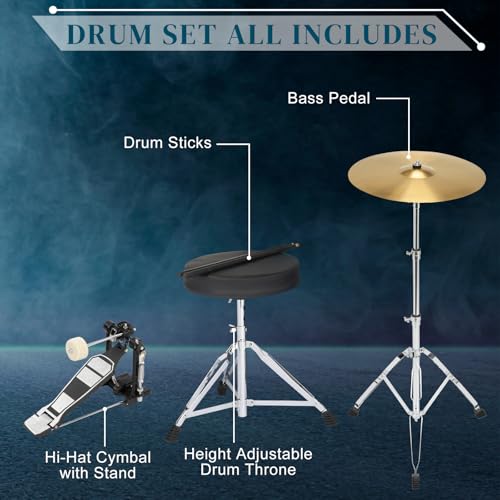 Ktaxon 22 Inch Adult Drum Set, 5-Piece Full-Size Drums Kit with Cymbal Stands, Hi-hat Stand, Sticks, Drum Pedal, Stool & Floor Tom for Beginner Teens Student (Blue)