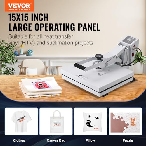 VEVOR Heat Press, Heat Press Machine for T-Shirt, Fast Heating, High Pressure Heat Press 15x15, Power Digital Industrial Sublimation Printer for Heat Transfer Vinyl, Easy to Use, White