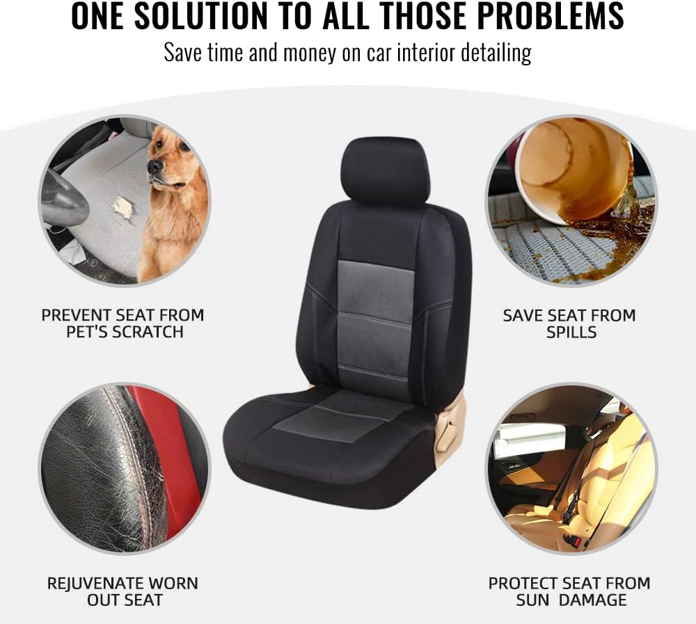 TOYOUN Universal Front Car Seat Covers Pu Leather Mesh Splicing, Breathable Auto Seat Covers for Front Seats 2pcs Gray Black Low Bucket Seat Covers Airbag Compatible for Cars SUV Van Trucks