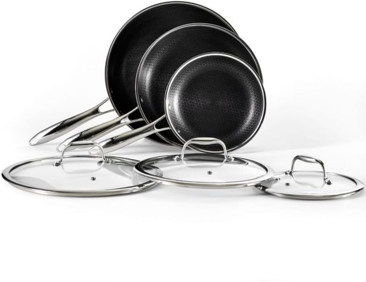HexClad 7-Piece Hybrid Stainless Steel Cookware Set with Lids and Wok - Metal Utensil and Dishwasher Safe, Induction Ready, Easy to Clean Non Stick Fry Pan with Covers