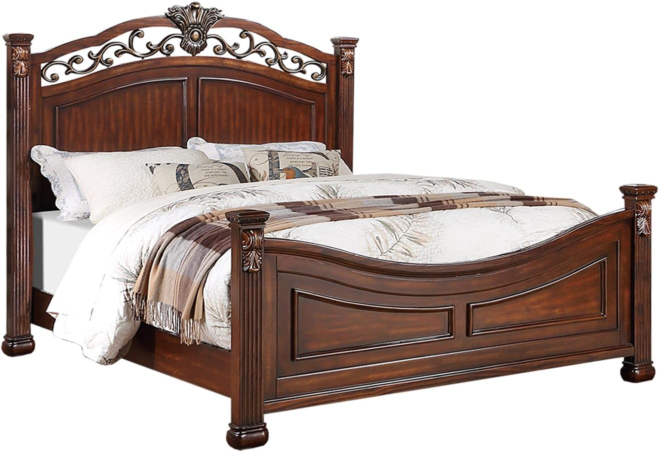 Wooden California King Bed with Crafted Headboard in Dark Cherry